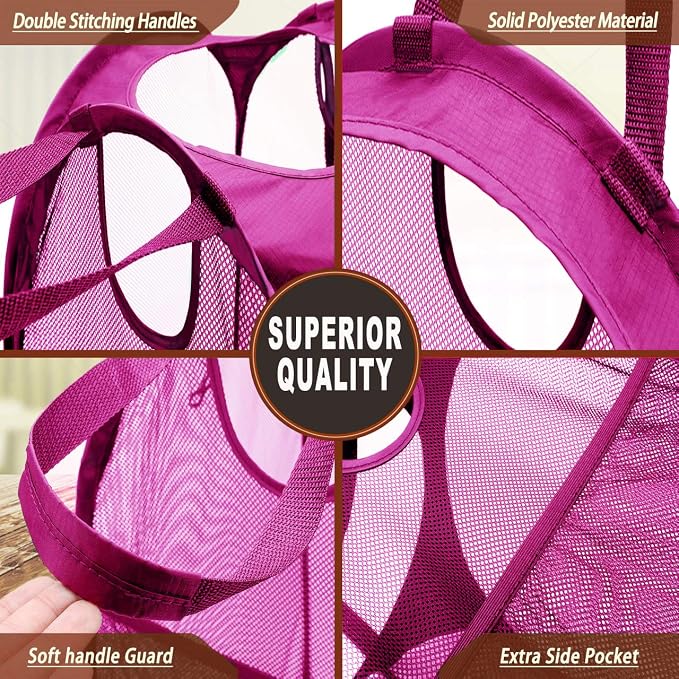 Strong Mesh Pop-up Laundry Hamper, Quality Laundry Basket with Durable Handles Solid Bottom High Carbon Steel Frame, Easy to Open and Fold Flat for Storage (Pink)