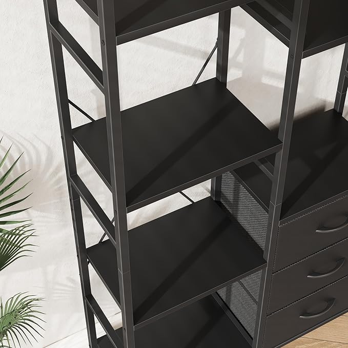 AFLUI Triple Bookshelf with 3 Fabric Drawers, 4-Tier Book Shelf and 10 Display Shelves, Industrial Large Bookcase for Home & Office, Black, 47'' Wide