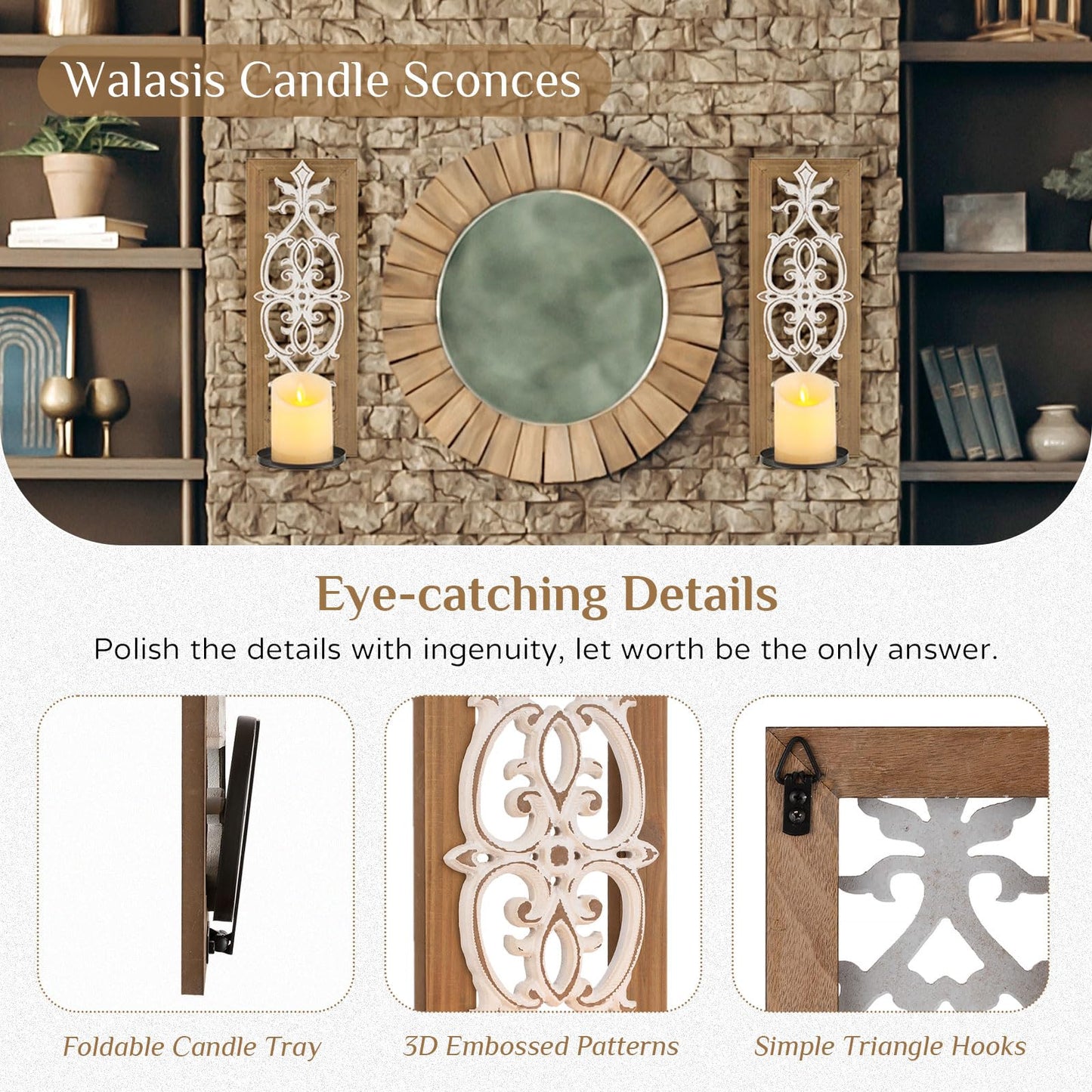 Farmhouse Wood Candle Sconces Wall Decor - Set of 2 Walasis Rustic Wall Candle Holder Decorative Carved Brown Candle Sconce Farmhouse Art Distressed Pillar Candles Holder for Fireplace Decor