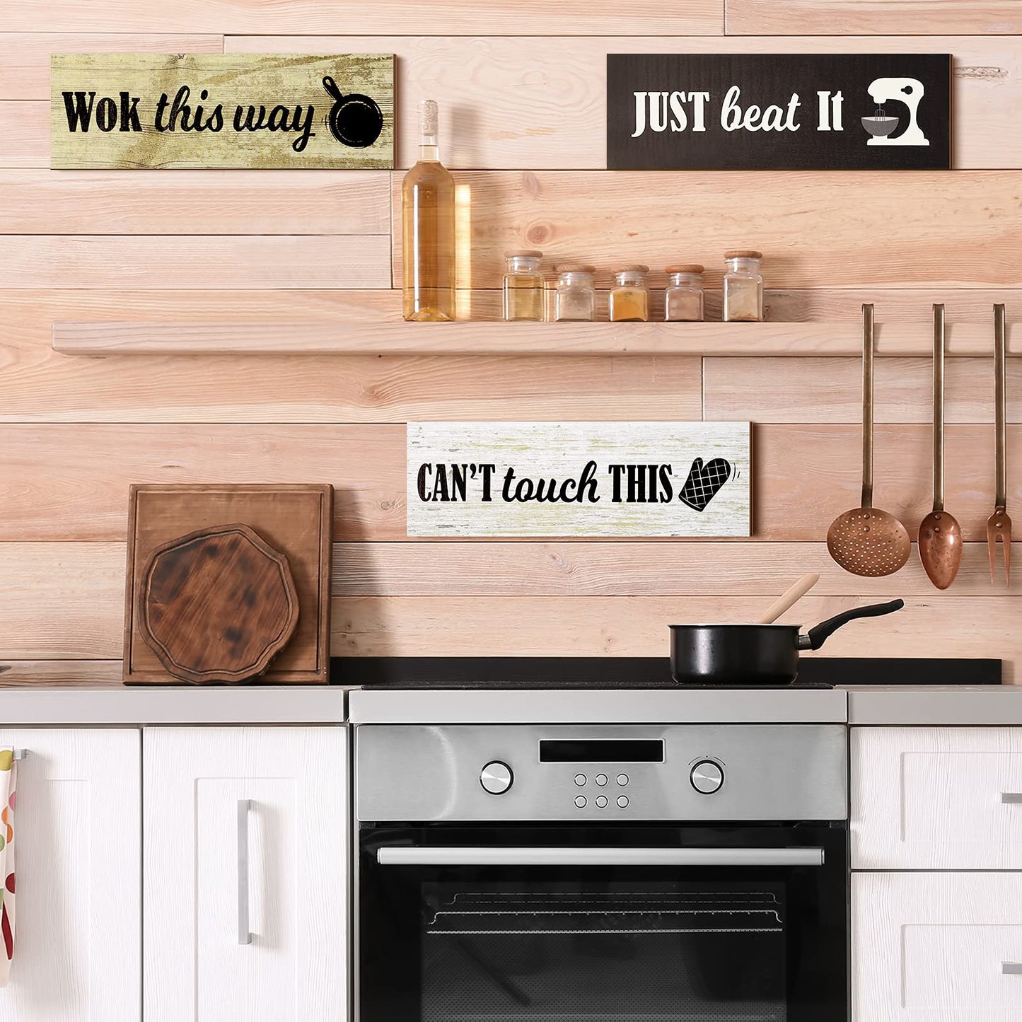Jetec 4 Pieces Rustic Kitchen Wood Sign Decorations Kitchen Wall Signs Decor Above Cabinet Baking Prints Signs Family Farmhouse Hanging Wooden decoration for Home, 11.8 x 3.9 Inch(Classic Style)