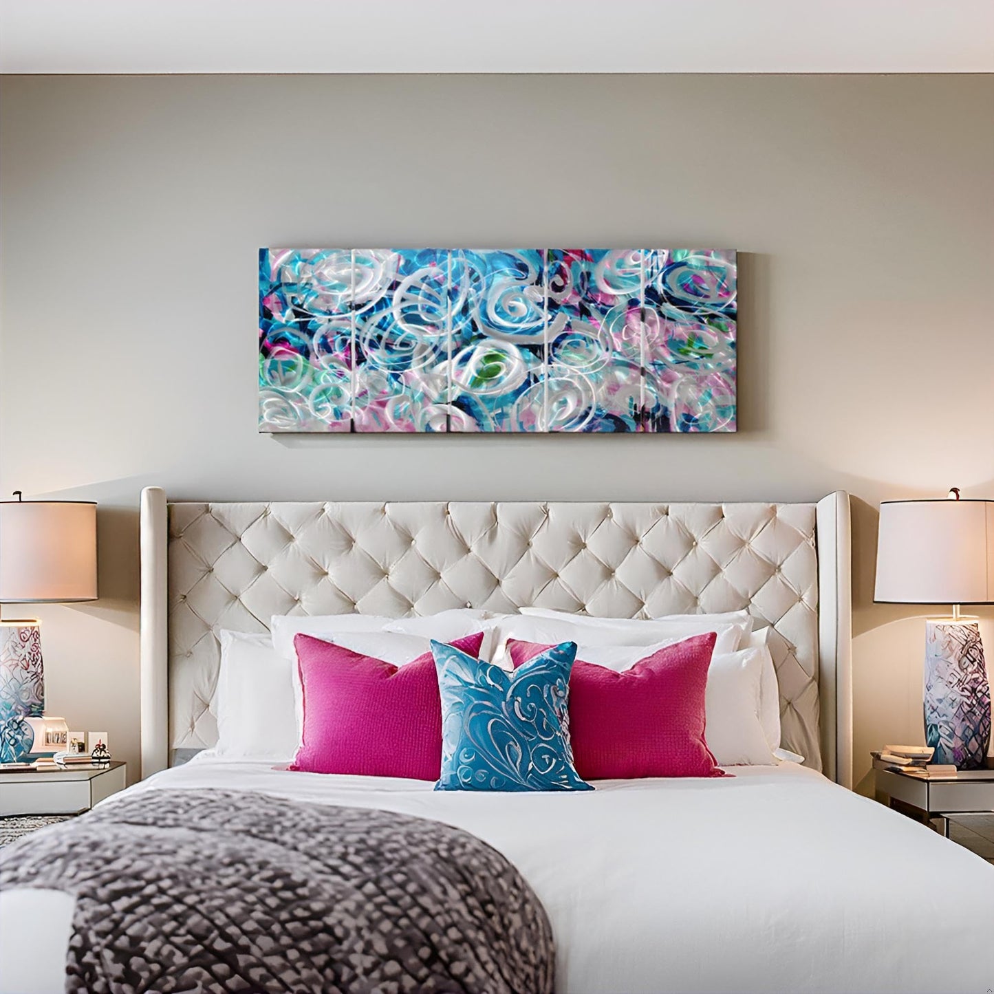 RICHSPACE ARTS Large Flower Field Metal Wall Art with 3D Texture 5 Pieces Blue and Pink Modern Wall Decor Hanging Sculptures for Living Room Bedroom Office Home Gift Ideas
