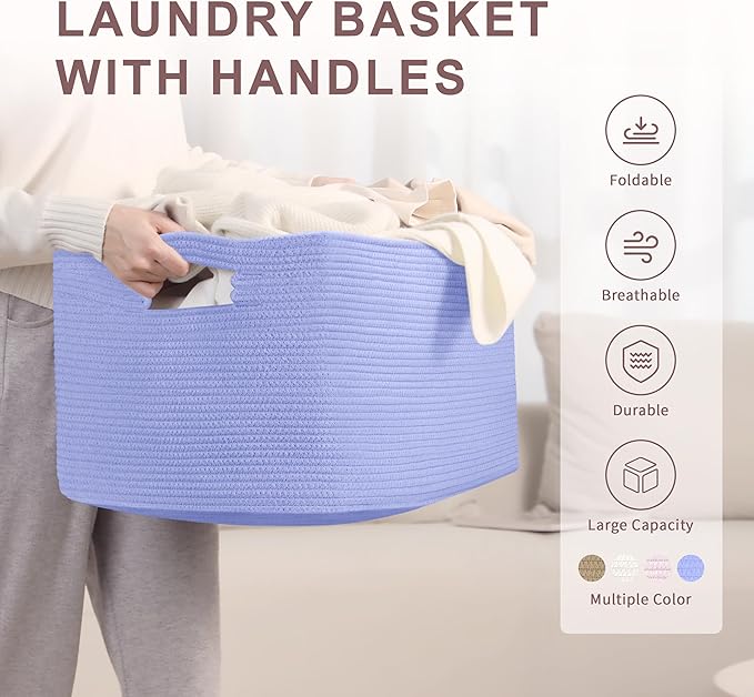 72L Large Baby Girls Laundry Basket for Nursery Storage,Cute Woven cotton Rope Baskets for Kids Toy，Gifts, Boho Square Wicker Blanket hamper for Living Room,Bedroom Dirty Clothes,Blue Purple