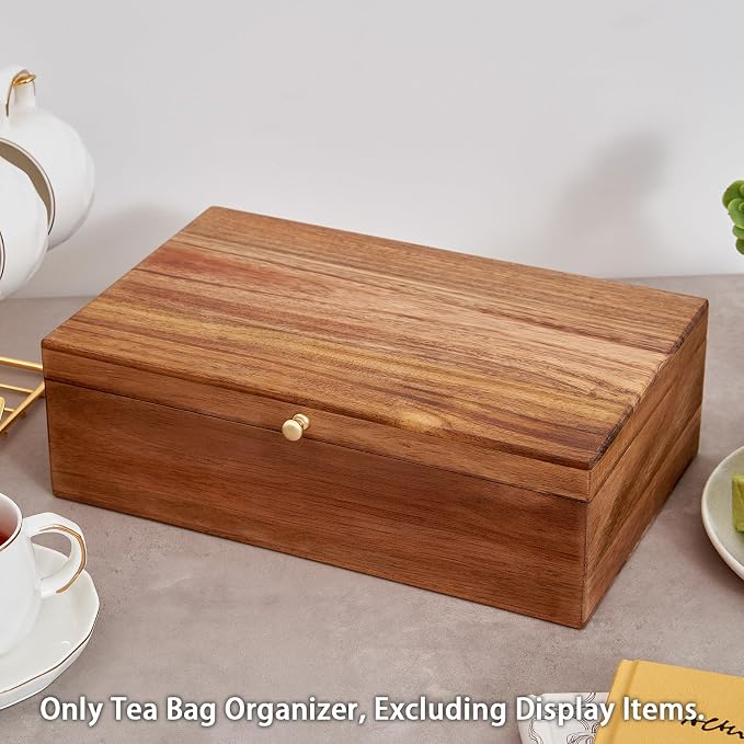 SARUFO Acacia Wood Tea Bag Organizers, Tea Packet Storage Boxes, 8-Compartment Tea Caddy for Tea Bags Chest, Teabag Holder Containers, Teabox Station Display