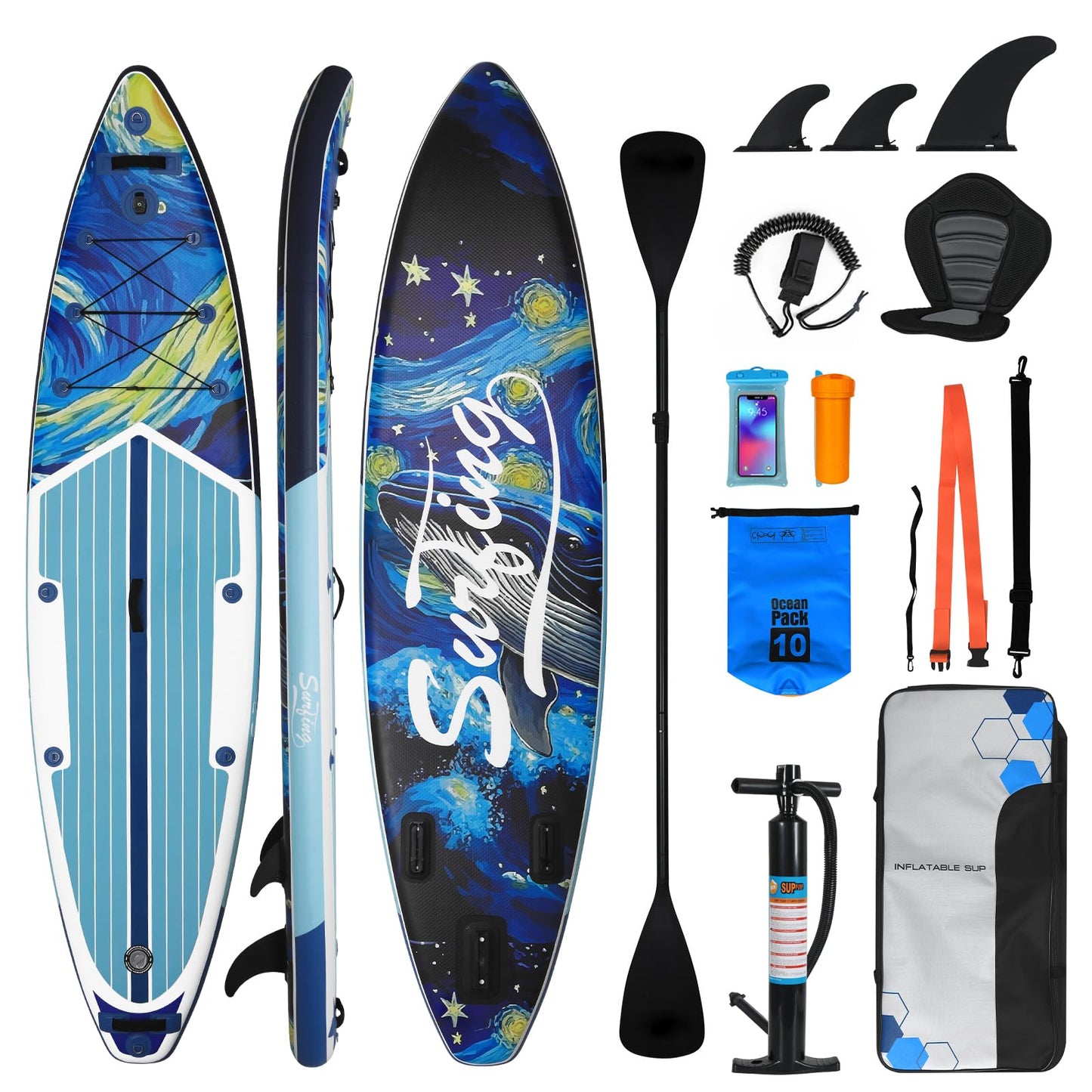YUSING Inflatable Paddle Board with Seat, 11' x 33'' x 6" SUP, Paddle Boards for Adults, Non-Slip Deck SUP Paddle Board with Premium Kayak and SUP Accessories,3 Removable Fins (Starry Sky Blue)