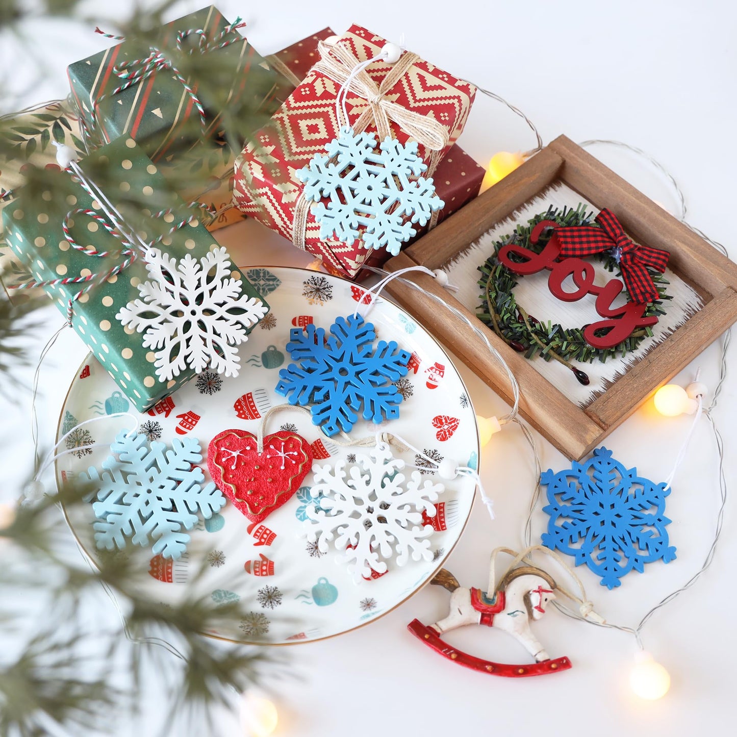 24Pcs Blue Snowflake Ornaments for Christmas Tree Decorations, 3inch Wooden Snowflakes Christmas Ornaments for Winter Wonderland DIY Craft New Year Xmas Supplies