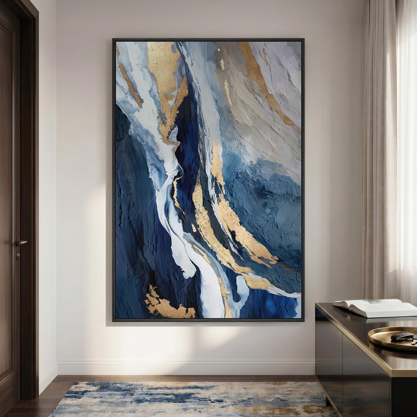 Extra Large Framed Blue Abstract Wall Art for Living Room, 40x60 In Oversized Blue and Gold Modern Canvas Prints Paintings, Big Vertical Navy Blue Pictures for Hallway Dining Bedroom Office Wall Decor