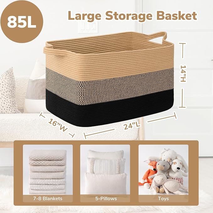 Goodpick Large Woven Blanket Basket 23.6" x 15.7" x 13.8" Cotton Rope Storage Organizer for Dirty Clothes Pillows Toys, Rectangle Wicker Laundry Basket with Handles, Black & Jute Mix