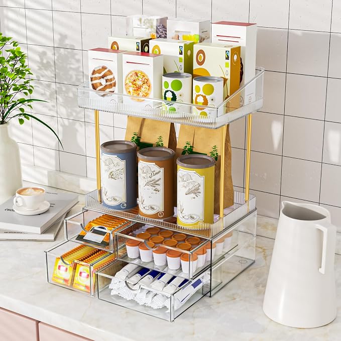 SNSLXH 4 Drawers Makeup Organizer - 4 Tier Makeup Storage, Cosmetics Organiser, Ideal for Cosmetic, 4 Dividers with Drawers for Countertop, Bathroom, Office Supplies, Dresser Transparent Green