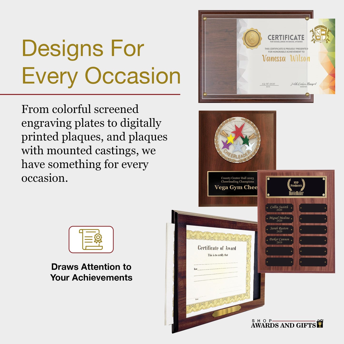 SHOP AWARDS AND GIFTS 16 x 20 Inch Perpetual Plaque Award Multiple Name Plate Board for Employee Appreciation, Recognition, Achievement, Walnut Finish with Black and Gold Header, 48 Name Plates
