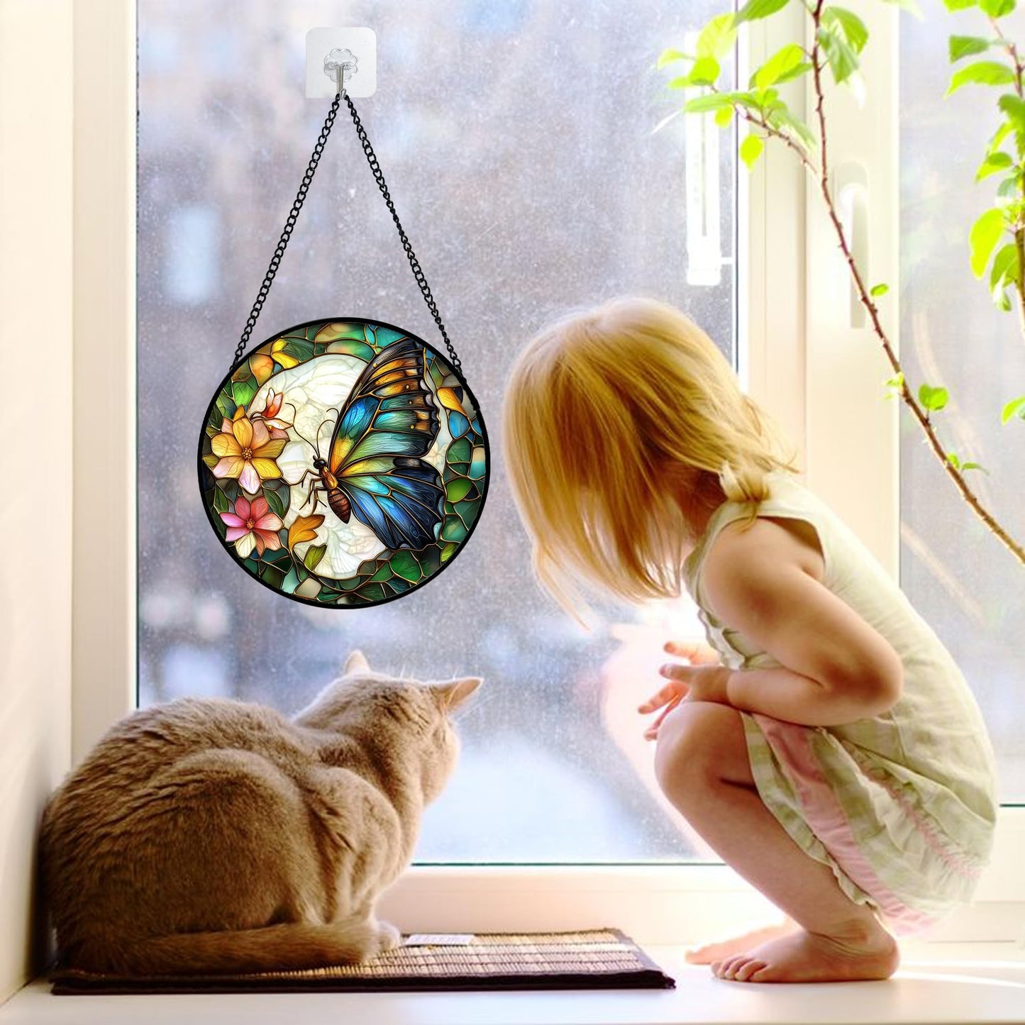 DASTOLL Stained Glass Window Hanging, Butterfly Flower Sun Catchers Diamond Glass Panel Hangings Insect Suncatcher Decor for Birthday for Women, Men, Wife, Aunt, and Mom 6.3 in