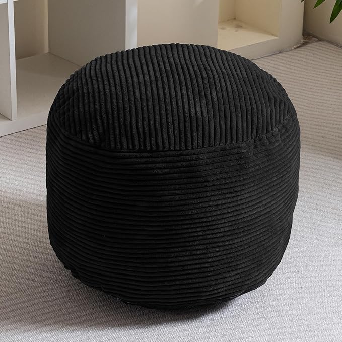HIGOGOGO Round Stuffed Pouf Ottoman, Corduroy Poufs with Foam Chunk Filling, Furry and Fluffy Pouf Foot Stool Storage Ottoman, 26 X 18 Floor Poufs Foot Rest for Living Room, Black