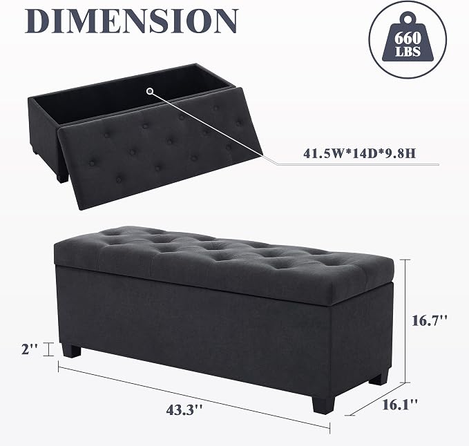 Mangodan 43 Inch Linen Storage Ottoman Bench, Foot Rest with Legs, End of Bed Bench, Storage Chest, Load up to 660 Lb, Ottoman with Storage Bench for Living Room, Bedroom, Entryway (Charcoal)