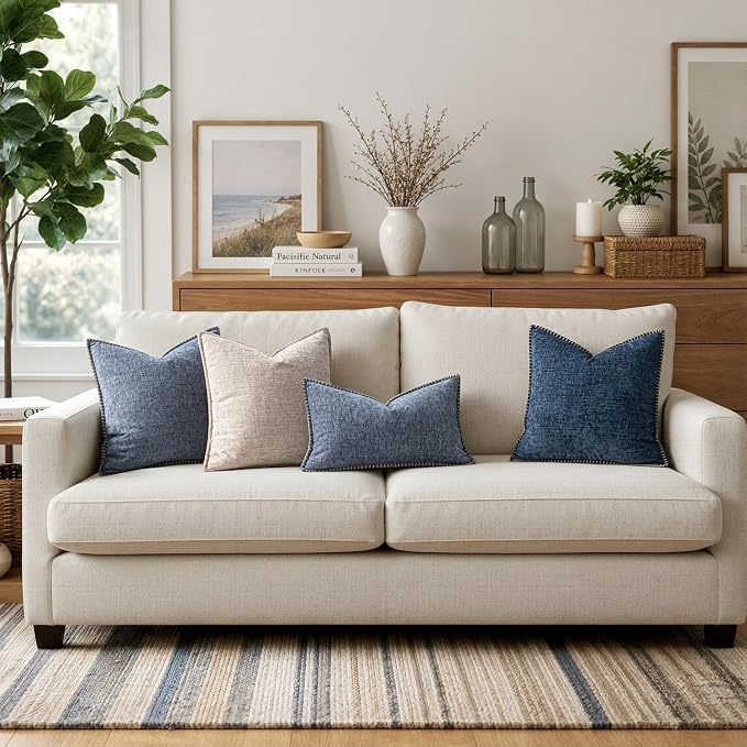 MIULEE Pack of 2 Couch Throw Pillow Covers 20x20 Inch Dark Grey Blue Farmhouse Decorative Pillow Covers with Stitched Edge Soft Chenille Solid Dyed Pillow Covers for Sofa Bed Living Room