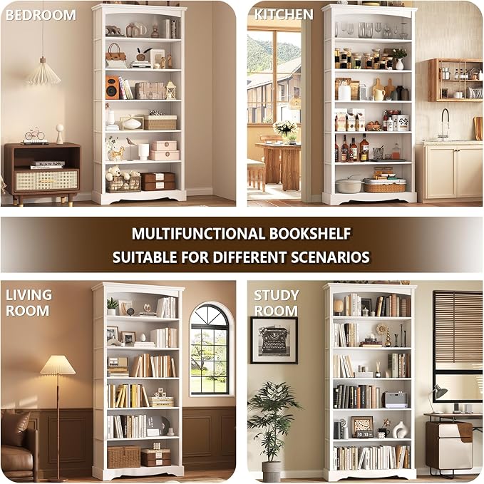 TVU 6-Tier Wooden Bookshelf, 76 Inch Tall Bookshelf with Storage, Floor Standing Modern Style Display Bookcase for Living Room, Office, Study Room, Entryway, White