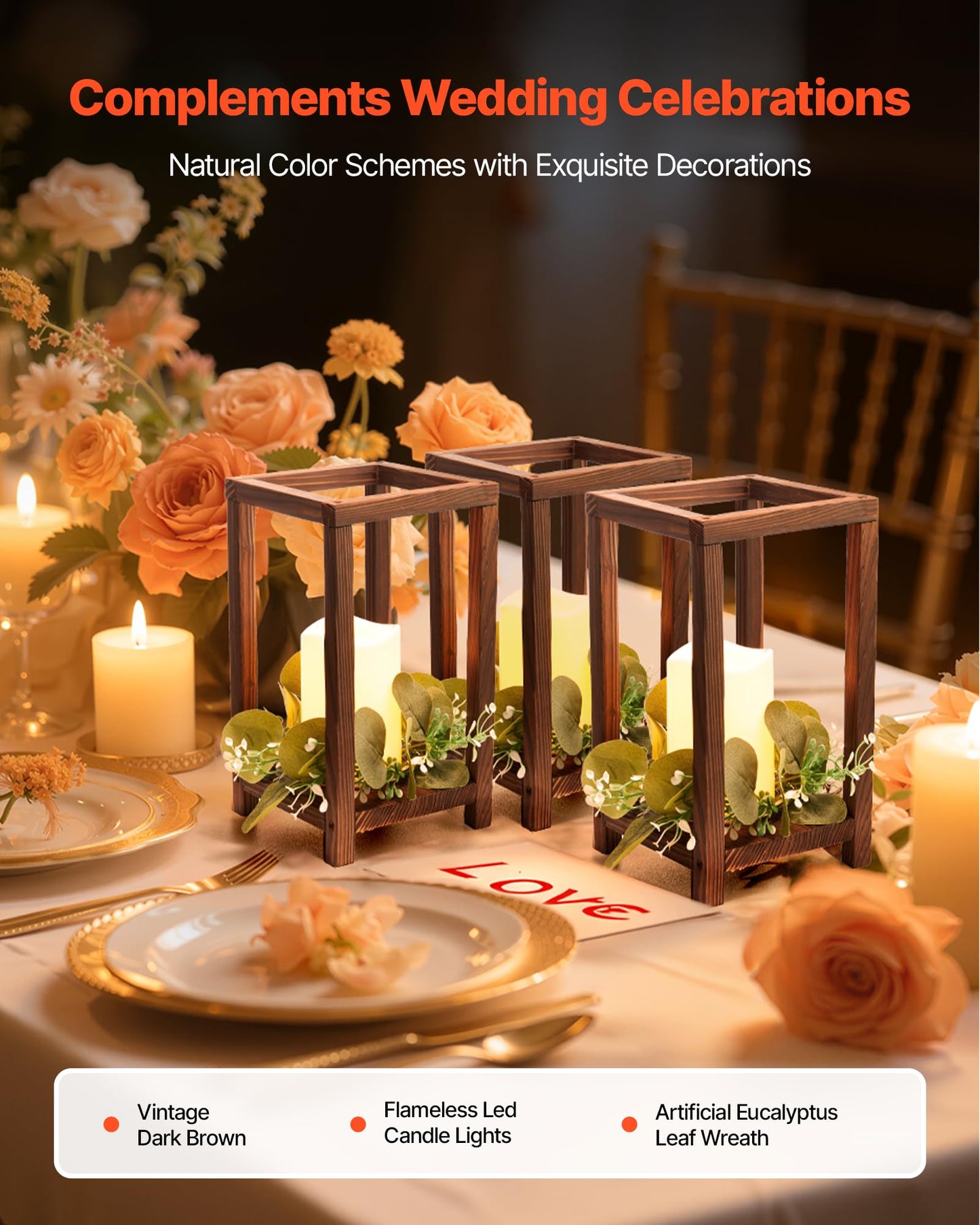 VEVOR 12 Set/36 Pcs Wooden Wedding Lantern Centerpiece, Includes 12 Wooden Lantern Candle Holder 12 Flameless LED Candle 12 Eucalyptus Leaves Wreath for Wedding Table Party Farmhouse Decor, Brown