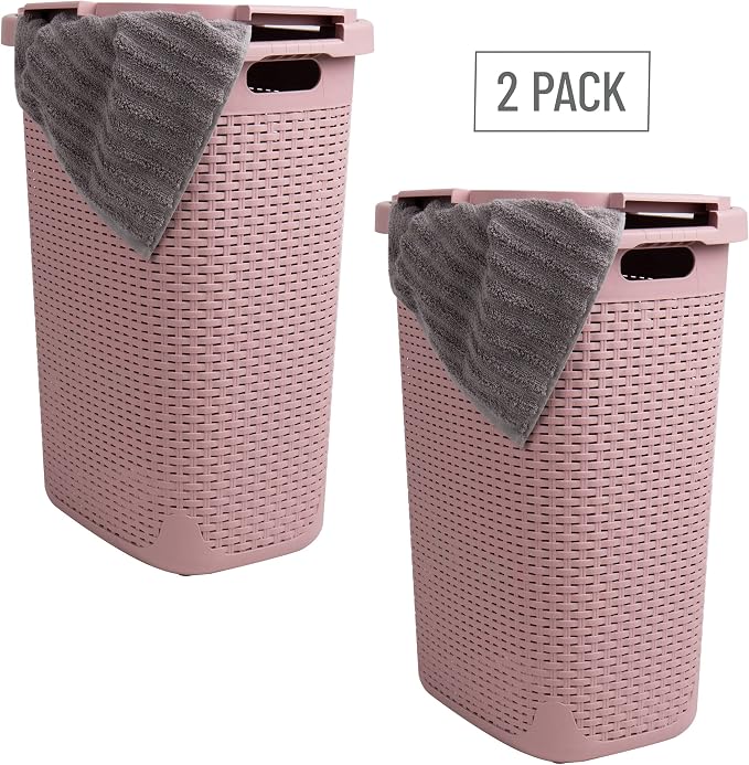 Mind Reader Slim Laundry Hamper with Lid, 60L Tall Clothes Basket, Narrow Tapered Design for Bathrooms, Closets and Laundry Rooms, Plastic, 2 Pack, Pink