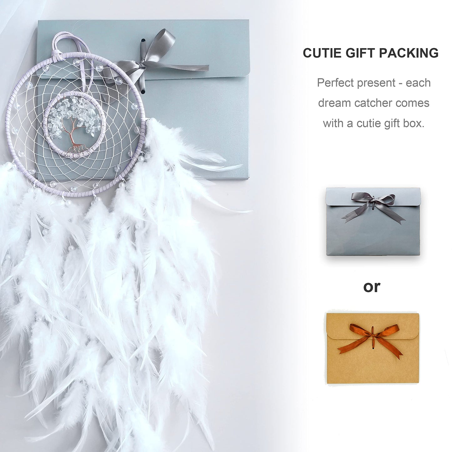 Dream Catchers, White Dream Catcher Tree of Life Wall Decor, with Natural Healing Crystal Stone, Perfect Rock Crystal Handmade Dreamlike Dream Catchers for Bedroom Decor Art Craft Gift