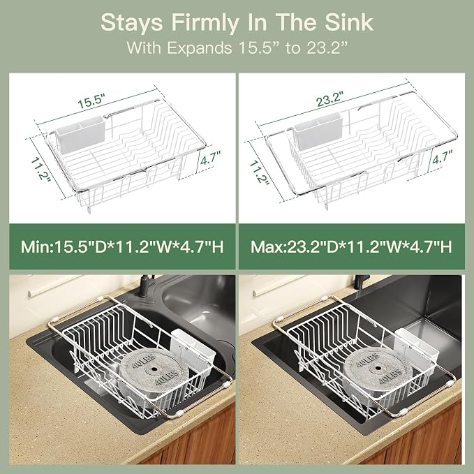 MAJALiS White Dish Drying Rack Over Sink with Utensil Holder, Drainboard | Expandable Stainless Steel Dish Drainer for Small Kitchen, Apartment, RV, Counter Space Saving, Perfect Fit, Rustproof