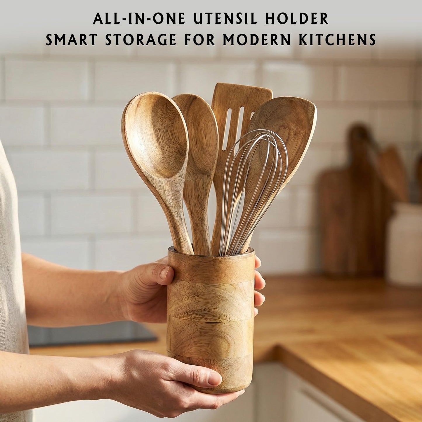THE ART BOX Wooden Spoon Holder for Kitchen Countertop – 6 Inch Acacia Wood Utensil Holder for Spatulas, Cooking Spoons, Ladles – Farmhouse Kitchen Organizer