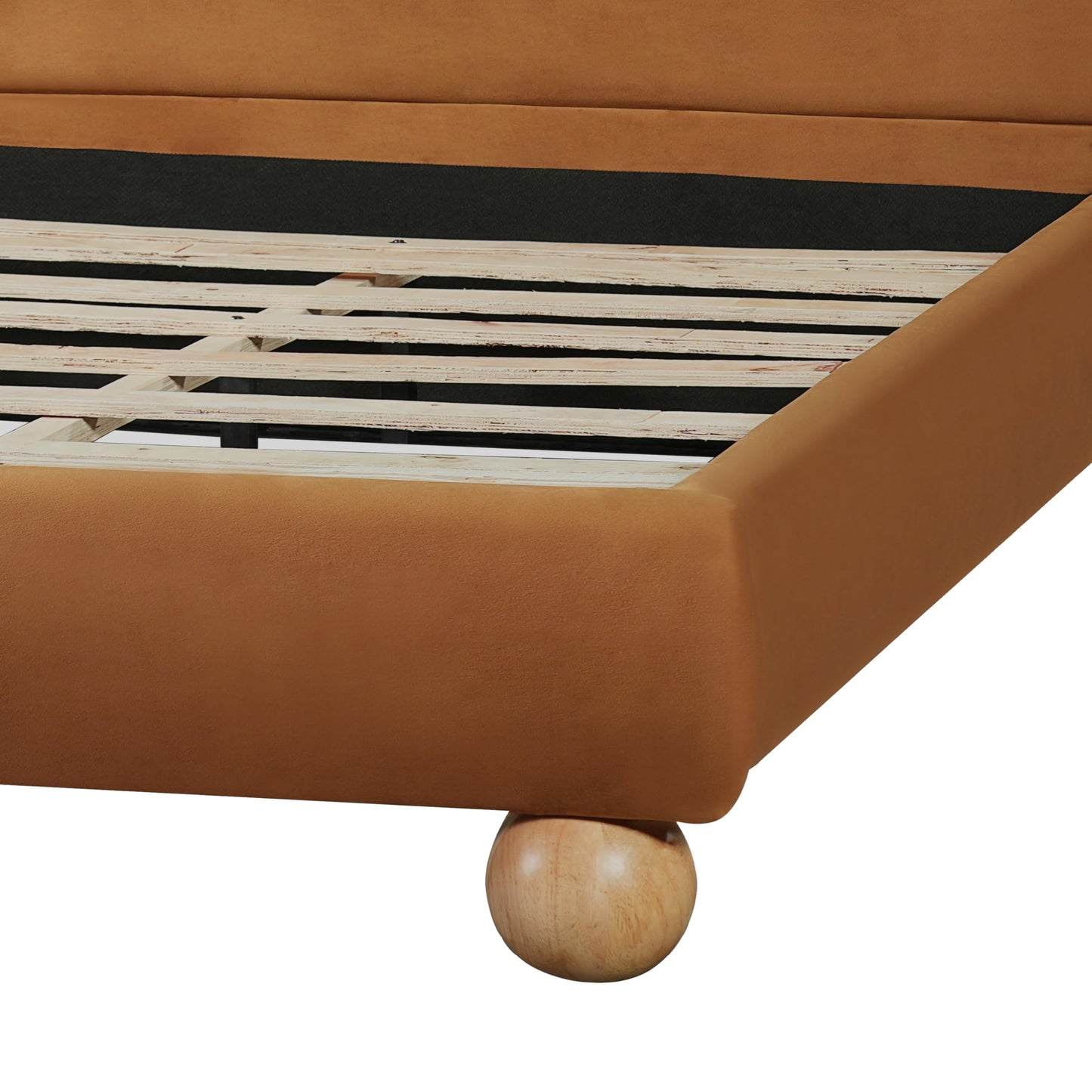 Christopher Knight Home Noko Velvet Upholstered Queen Bed Frame with Headboard, Platform Bed Frame Queen Size and Round Solid Wood Legs, Wooden Slats Support Bedframe, No Box Spring Needed, Brown