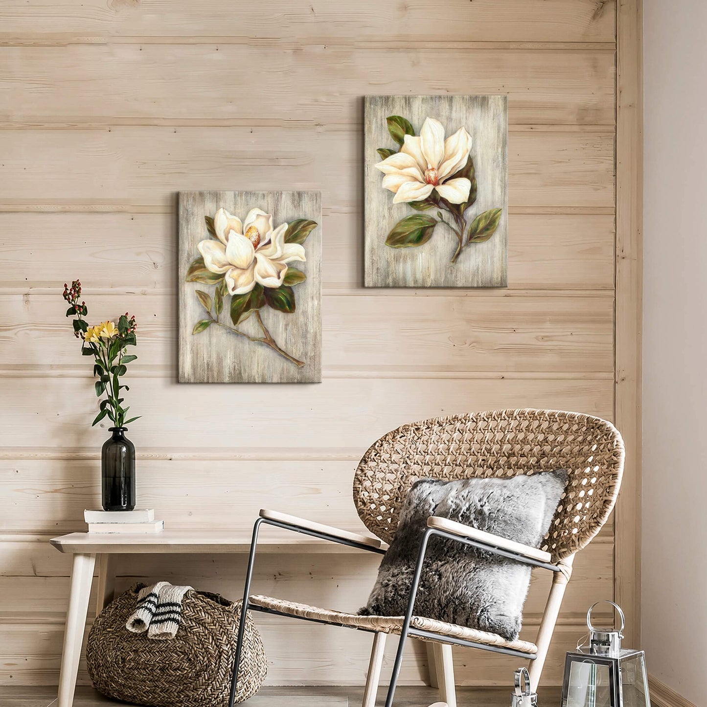 ArtSquare Magnolia Floral Canvas Wall Art: White Flower Artwork on Wood Texture Rustic Nature Blossom Painting Elegant Nature Picture Ready to Hang Prints for Bedroom Kitchen Dining Room