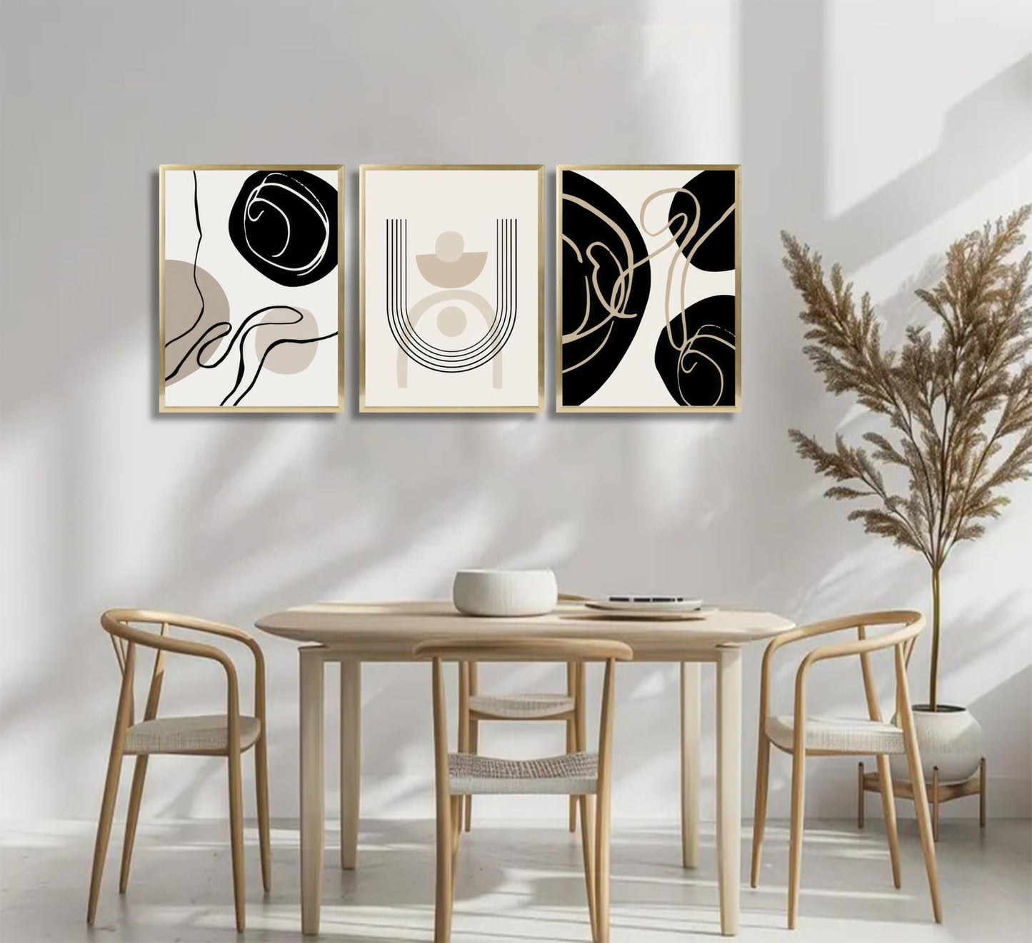 3Pcs Boho Neutral Geometric Wall Art Black and white minimalism Line Painting Wall Decor Mid Century Modern Abstract Poster Print Artwork for Living Room Bedroom Bathroom Home Decoration Unframed
