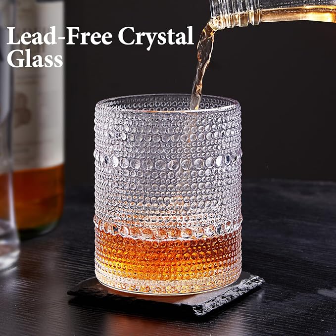 LUNA & MANTHA Drinking Water Glasses Set, Lead-Free Crystal Highball Glass, Tall Glass Cups for Cocktail Parties,Hobnail set of 8,15oz&12oz