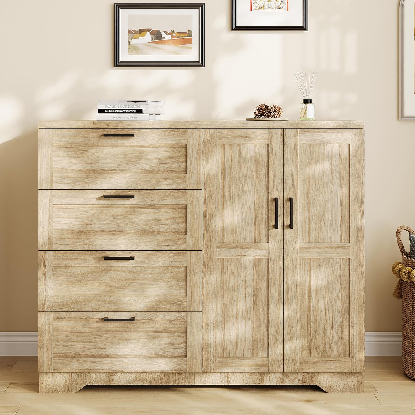 IDEALHOUSE 43.3'' H Armoire Wardrobe Closet with 4 Drawers and 2 Doors, Hanging Rod, Multifunctional Wooden Dresser with Storage Closet, Bathroom Cabinet for Bedroom, Natural Oak