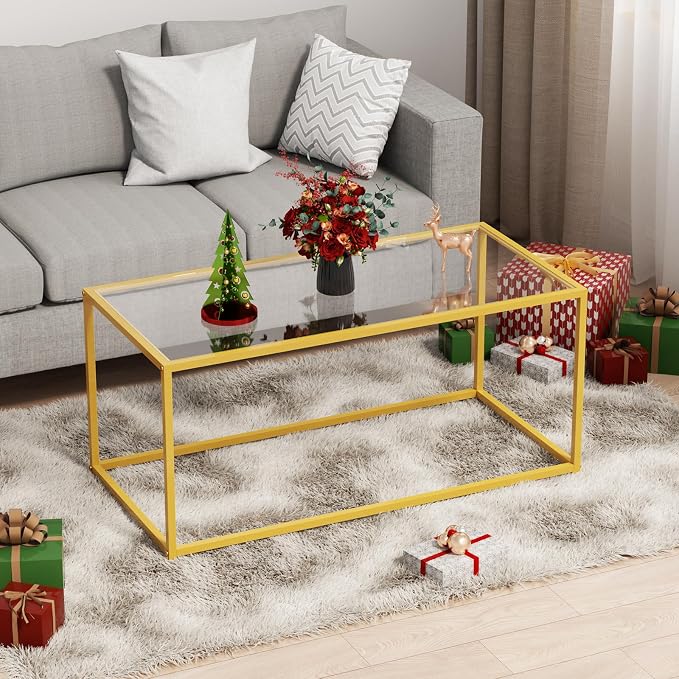 Coffee Table,Tempered Glass Coffee Table,Minimalist Center Table for Living Room,Office,Modern Glass Top Coffee Table with Sturdy Metal Frame & Open Storage, Easy Assembly,Gold