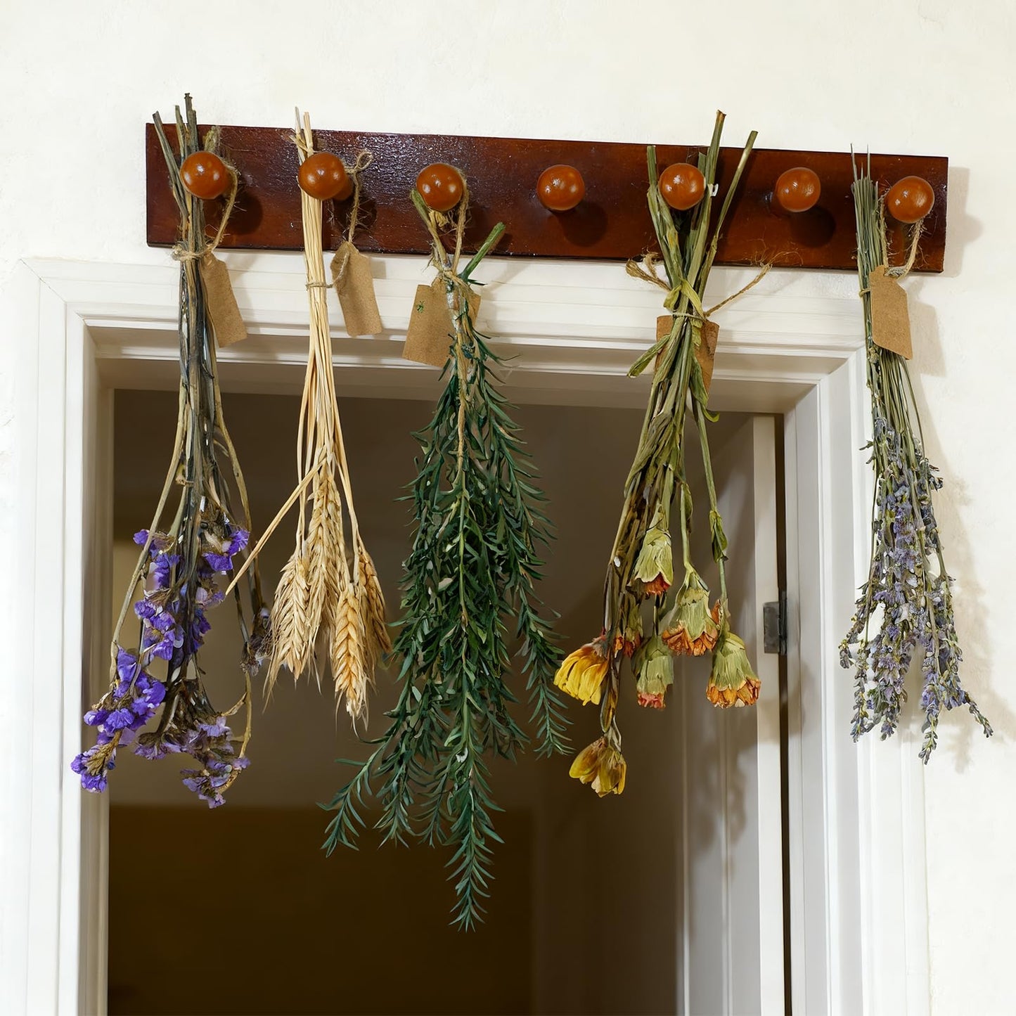 Tnstbiee Rustic Hanging Herb Drying Rack–Space-Saving Design Holds 7 Bouquets,Fits Window,Door Kitchen Areas-Great for Kitchen Witches Herb Display-Unique Gift for Gardening Enthusiasts-Wall Art Décor