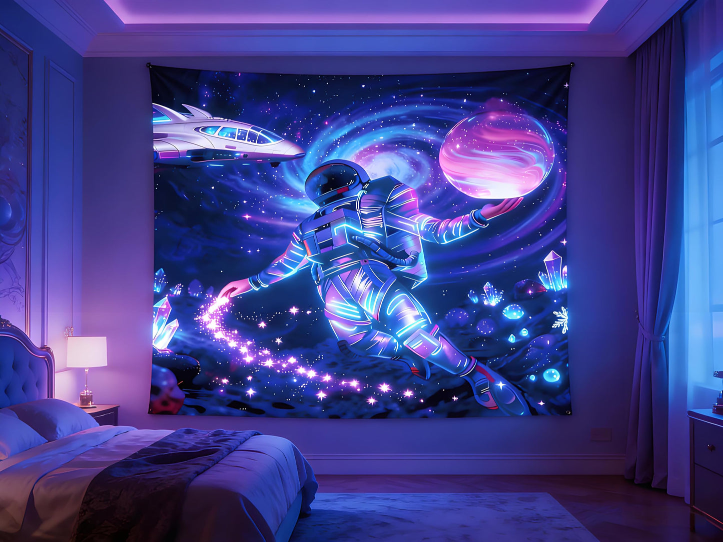 Kosydown Basic Astronaut Space Tapestry Glow in the Dark Room Decor Wall Tapestries, Cool Galaxy Planet Wall Hanging for Men Guys Gamer Room Dorm Living Room 50" L x 40" W