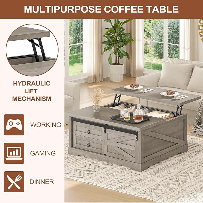 Itaar 39.4'' Lift Top Coffee Table with Storage, Farmhouse Coffee Tables for Living Room, Square Coffee Table with Large Hodden Compartment & 2 Drawrs & Adjustables Shelves (Gray)