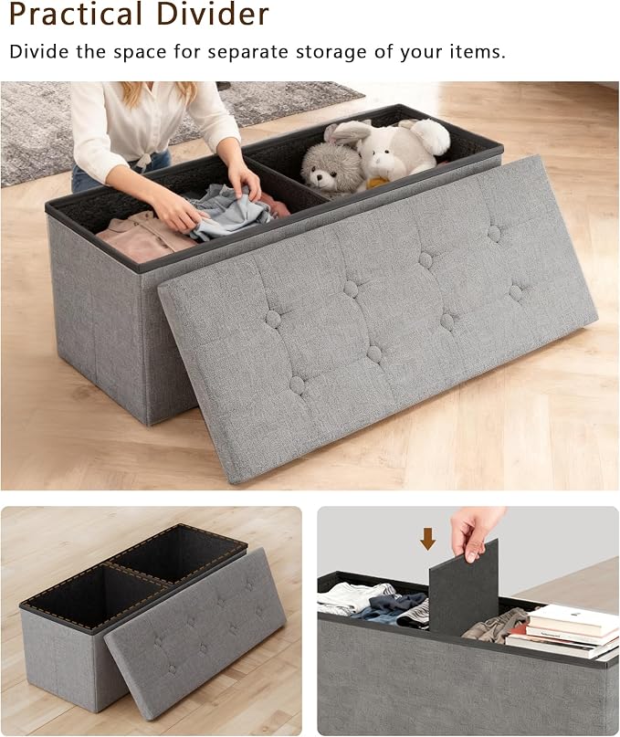 GLAXYFUR 43 Inches Folding Storage Ottoman Bench, Storage Chest, Footrest for Entryway, Living Room, Holds up to 660 lb, Light Grey
