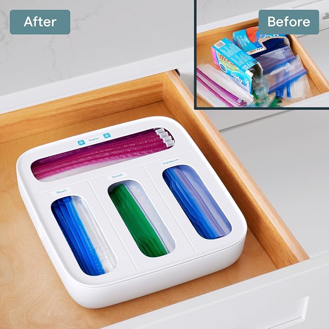 YouCopia StoraBag Food Bag Dispenser, Family Size 4-Slot, Plastic Sandwich Bags Drawer Organizer for Kitchen Storage