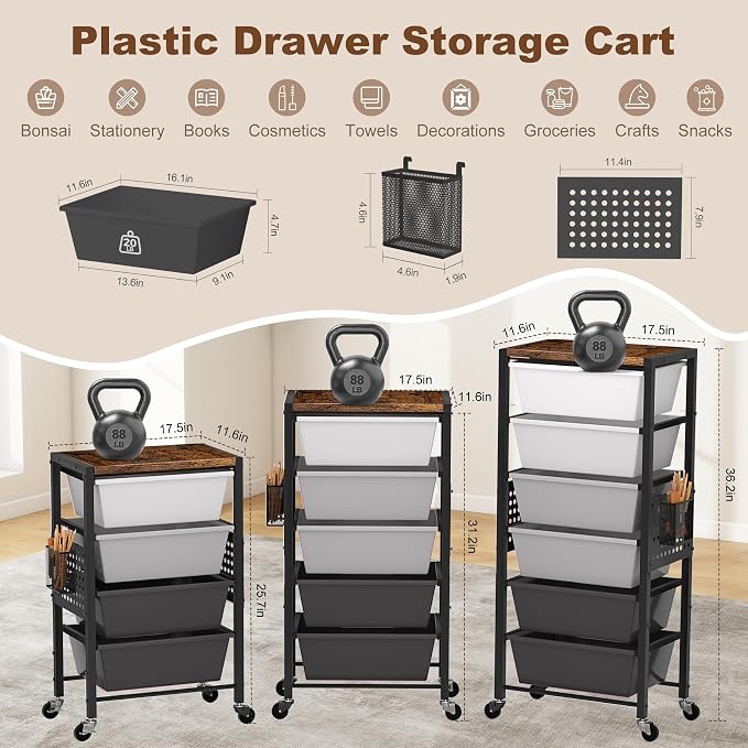 Rolling Cart with Drawers, Rolling Storage Cart with Large Plastic Drawers & Wooden Tabletop, Utility Cart with Pegboards & Basket, Storage Drawers Cart for Living Room, Classroom, Bedroom, Office