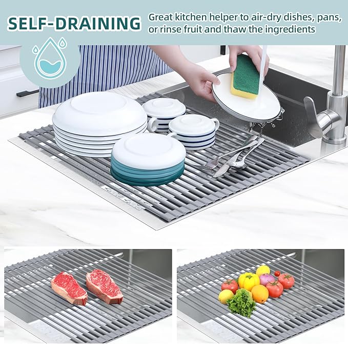Ohuhu Sink Drying Rack, 20.5" W x 16.1" L Over The Sink Roll-Up Dish Drainer - Rolling Foldable Sink Accessories Heat-Resistant Mat Anti-Slip Silicone Coated Multipurpose for Kitchen Counter
