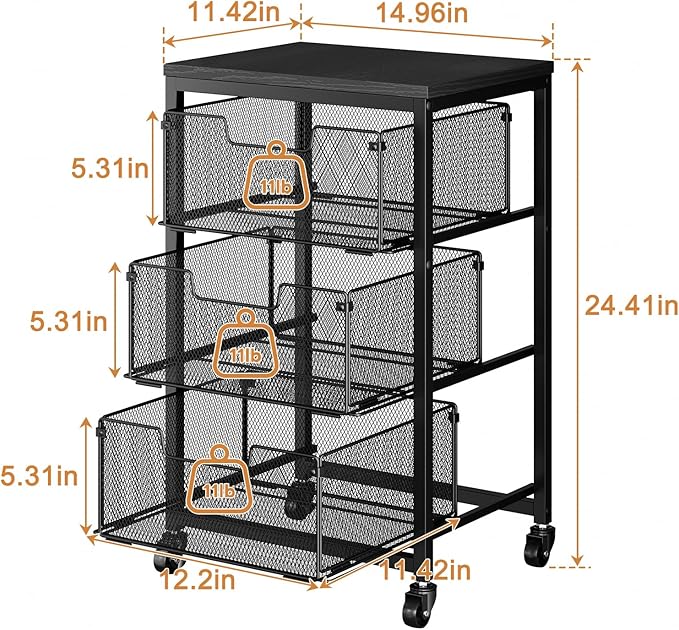 Pantry Organizer and Storage Cart, 3-Tier Kitchen Storage Cart with Drawer, Fruit Vegetable Storage Cart with Wheels, Wooden Top Metal Wire Kitchen Organizer Rack Stand for Food Snack Onion Potato