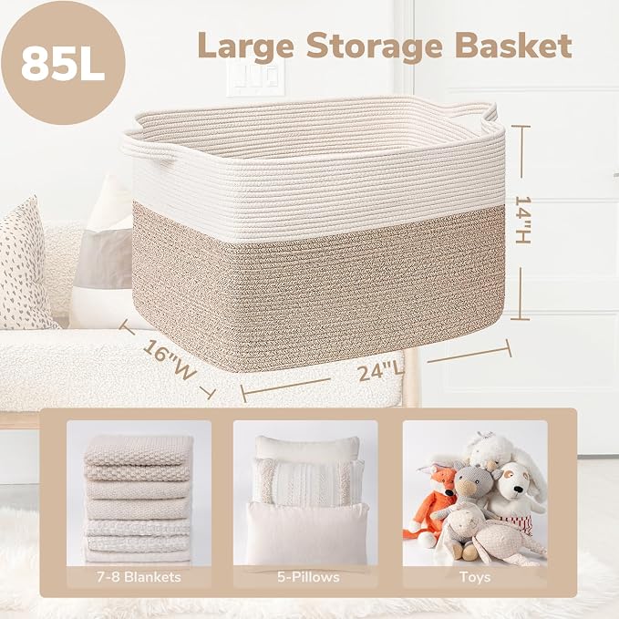 Goodpick Extra Large Woven Blanket Basket, 23.6" x 15.7" x 13.8" Storage Organizer for Blankets, Toys, Dirty Clothes, Rectangle Cotton Rope Basket for Living Room, Nursery, Bedroom