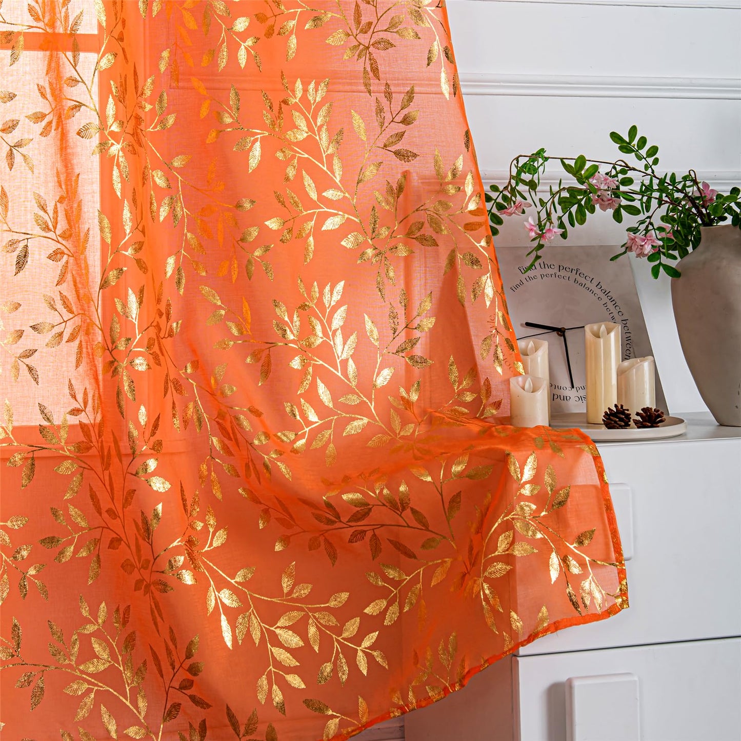 Deeprove Orange Burnt Sheer Curtains 84 inches Long 2 Panels for Bedroom Living Room, Abstract Metallic Gold Foil Vine Leaves Print Window Treatments Pair Set for Fall Halloween Decor, W52 x L84