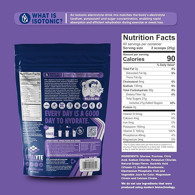 Vitalyte Electrolyte Powder Drink Mix, Isotonic Electrolyte Hydration Mix, Gluten Free Post Workout Powder Mix, Pack of 2, 35 oz. Each, Grape Flavor