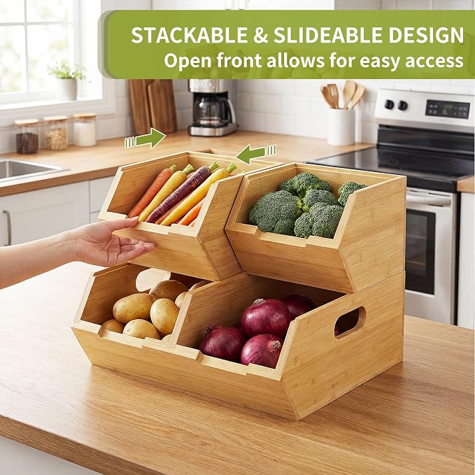 Bamboo Pantry Storage Bins, Stackable Potato and Onion Storage Bin for Kitchen Countertop, Wood Pantry Organizer Baskets for Fruit Vegetable Snack