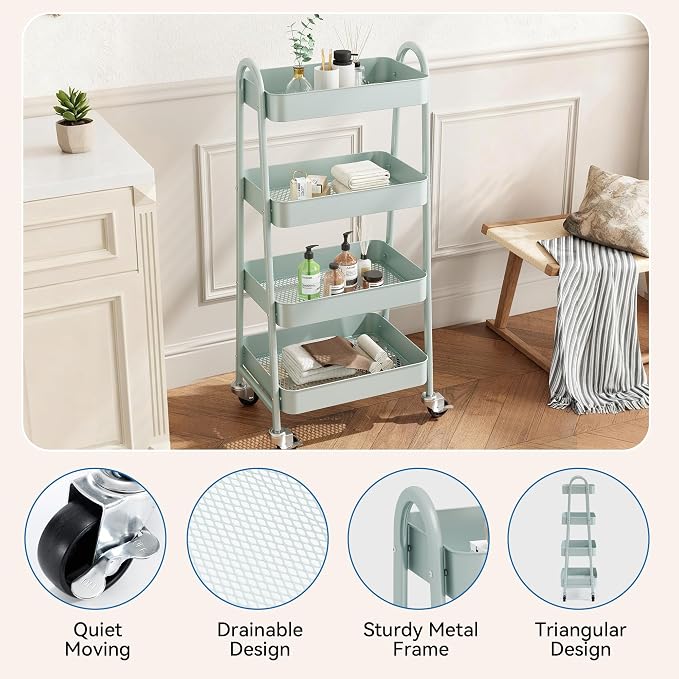 OLIXIS Metal 4 Tiers Utility Rolling Cart, Mobile Storage Shelf with Lockable Caster Wheels, Organization for Livingroom, Bathroom, Kitchen, & Narrow Places, 4-Tier Green