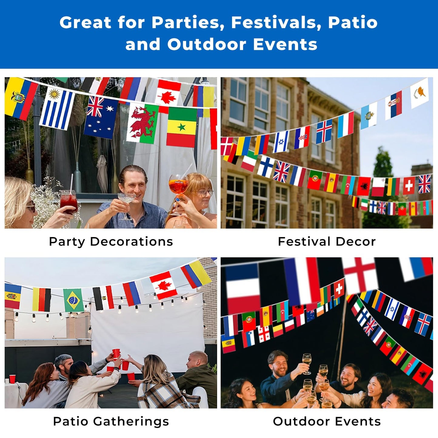 100 Country Flags Banner 82ft, Pre-Strung Reusable Polyester Flags of the World International Bunting for Classroom Decor, Party, Festival, Patio & Outdoor Events