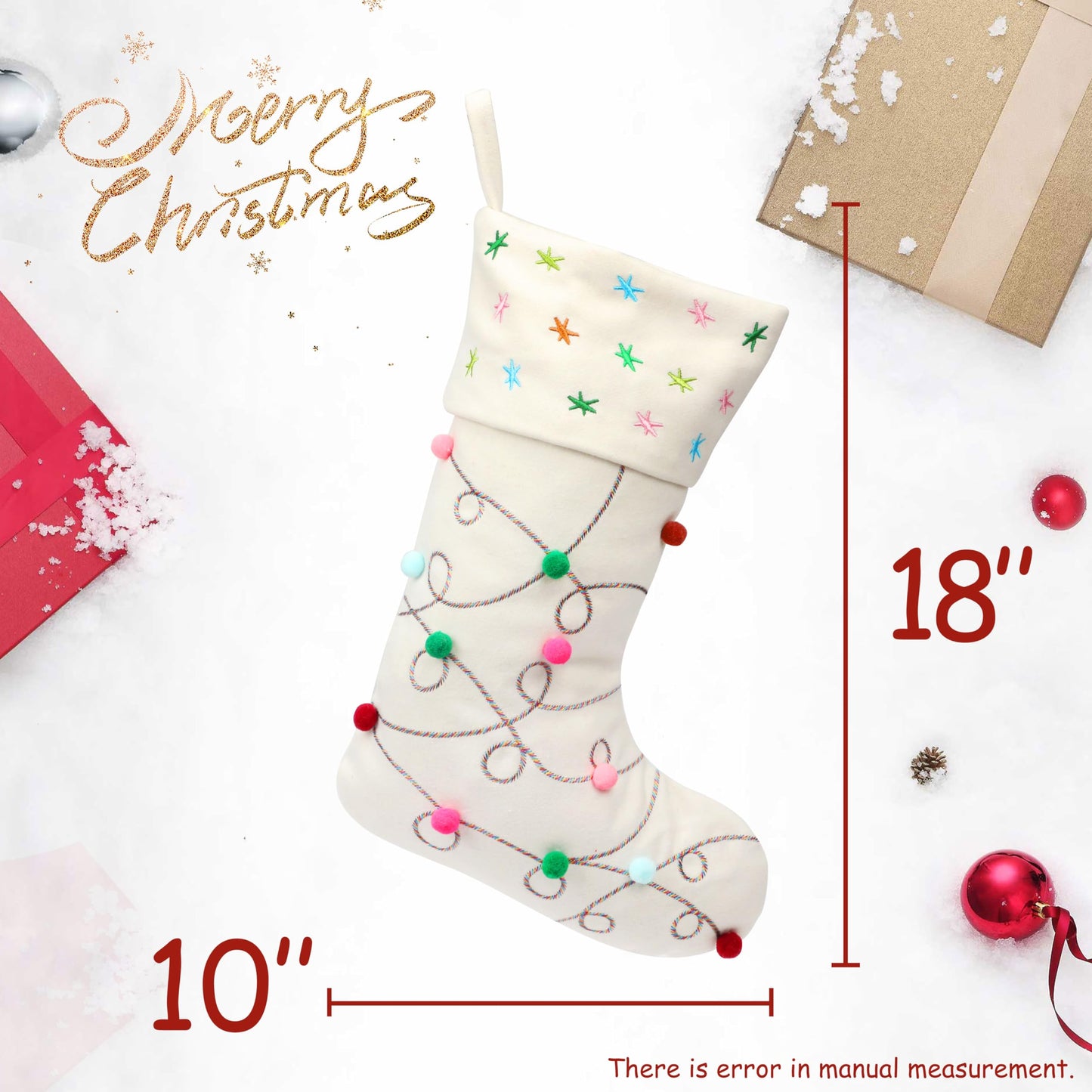 Hopearl Pom Pom Christmas Stocking Boho Style Socks Ultra Soft Stockings Ornament Luxury Gift Bags for Family Xmas Tree Party Supplies, Cream, 18''