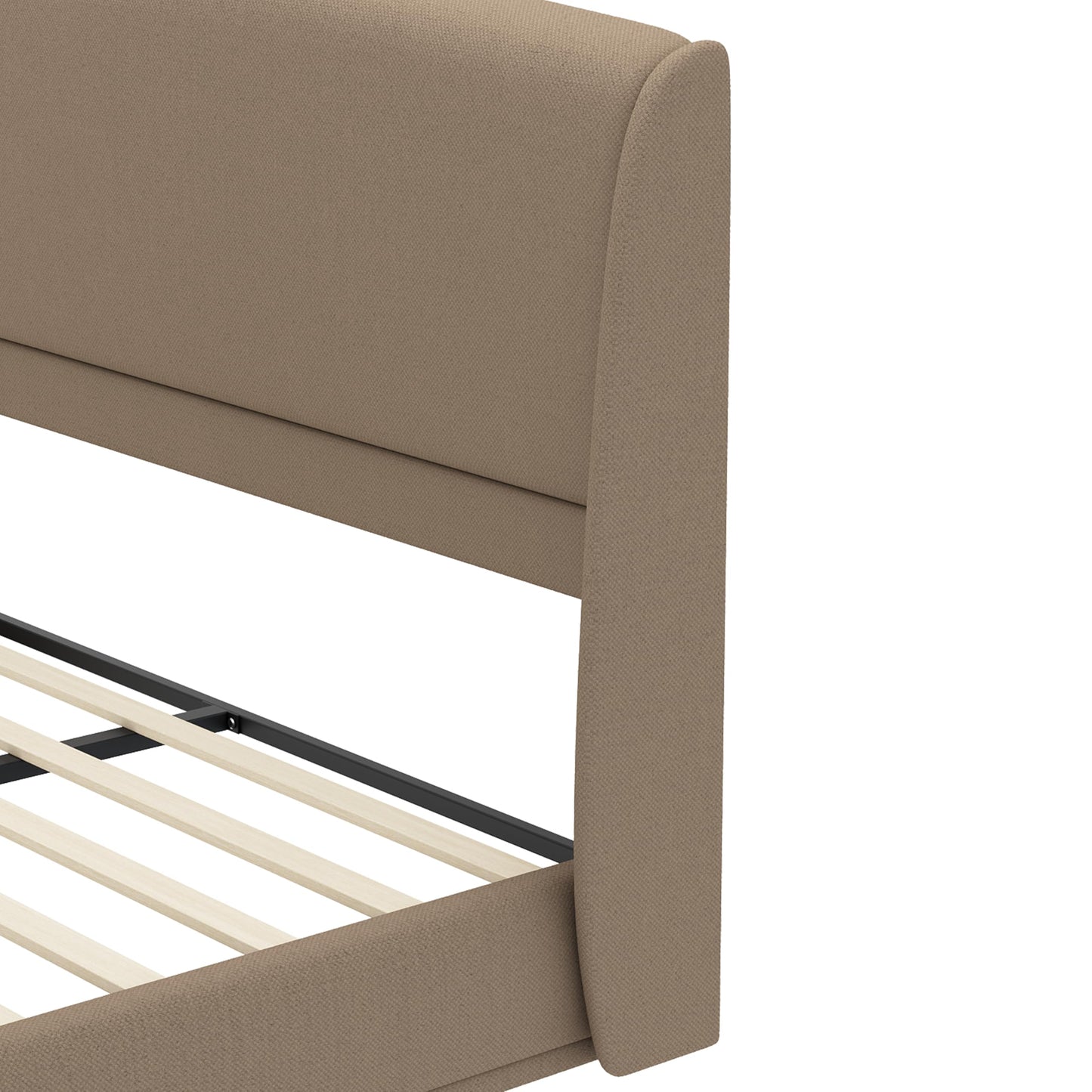 Merax Upholstered Queen Bed Frame with Wingback Headboard, Linen Fabric Platform Bed, Low Profile, Wood Slat Support, No Box Spring Needed, Easy Assembly, Brown