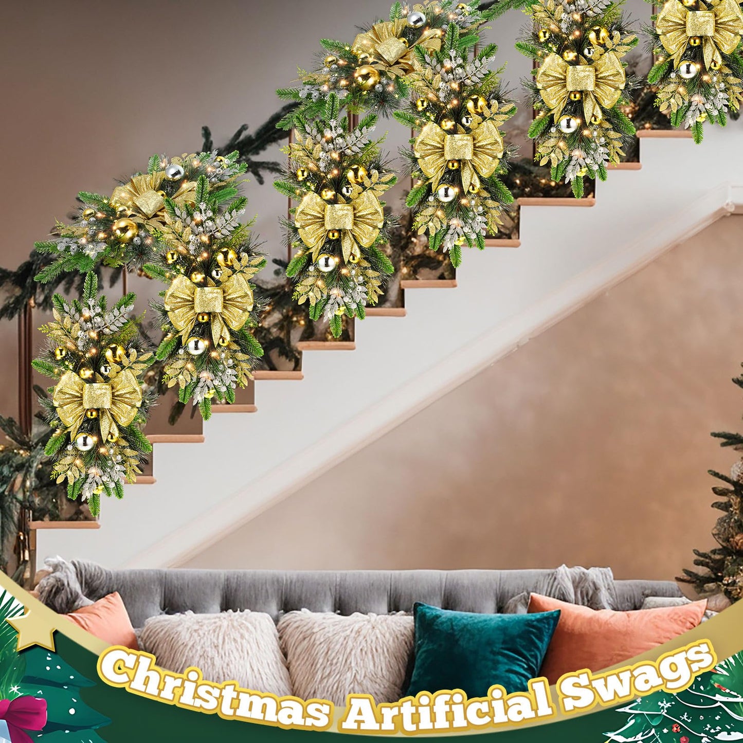 Lyrow 16 Pack Christmas Artificial Swags 24 Xmas The Cordless Prelit Stairway Swag Teardrop Trim Wreath Door Stair Garland Christmas Decoration for Outdoor Home Garden Decor (Rustic Style,Gold)