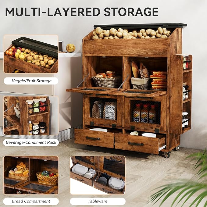 Verano Garden Large Potato and Onion Storage Bin on Wheels, Wood Bread Box w/Lid & Mesh Doors, 4-Tier Rolling Fruit and Vegetable Storage Organizer w/Grocery Section & Side Rack