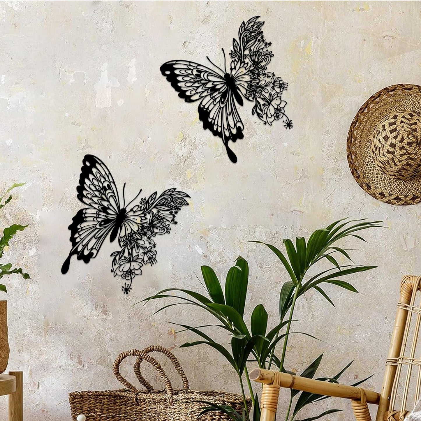 ESTART Metal Butterfly Decoration Wall Art Boho Home Decor Metal Hanging Wall Decor Flower Wall Art for Bedroom Living Room Bathroom Wall Indoor Outdoor Farmhouse