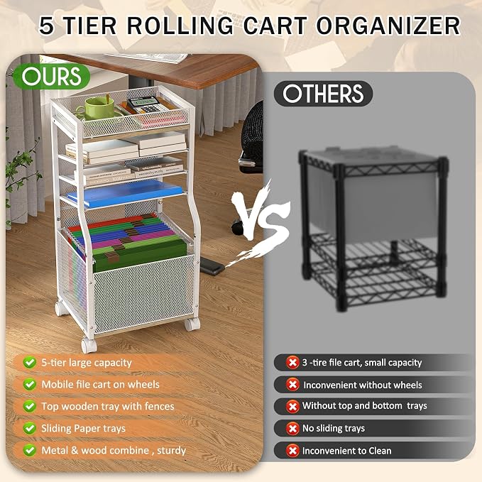 5-Tier Rolling File Cart with Lockable Wheels, Mobile Desk File Organizer Hanging File Folders Paper Letter Sliding Trays, White Wood & Mesh Hanging Folder Drawer Organization for Office, Home, School
