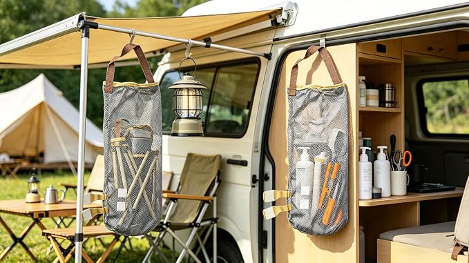 Ahyuan Hanging Mesh Storage Bags 5 Pack Onion Garlic Potatoes Net Mesh Bag Long and Large Reusable Net Produce Bags for Fruit Veggies Garbage Bag for Home RV Camper (Gray)